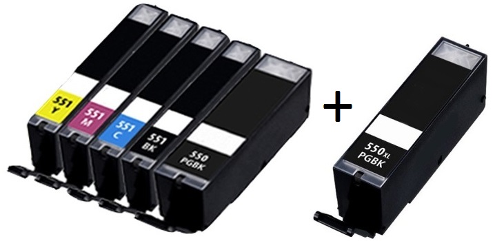 Canon PGI-550PGBKXL CLI-551BKXL CLI-551CXL CLI-551MXL CLI-551YXL Compatible set of 5 Ink Cartridges + EXTRA BLACK